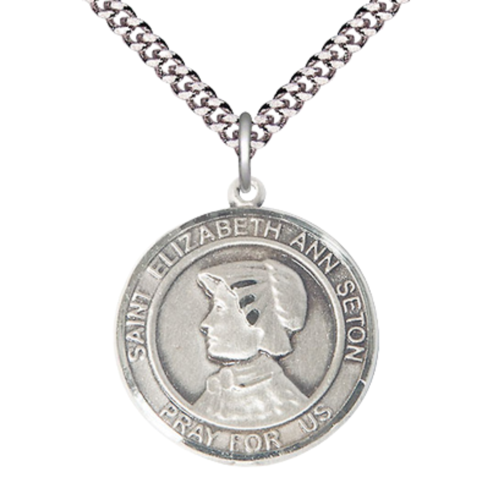 Mens Round Pewter Saint St. Elizabeth Ann Seton Medal Pendant on 24 Inch Rhodium Plated Heavy Curb Brass Chain with Lobster Claw clasp, Catholic Religious Necklace - Made in USA- Velvet Gift Box