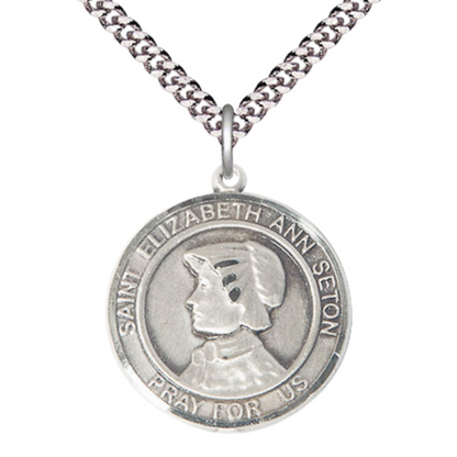 Men's Pewter Saint Elizabeth Ann Seton Pendant – 1" x 7/8" – 24" Rhodium Plated Chain – Patron Saint of Loss of Parent or Young – Catholic Necklace – Velvet Gift Box Included