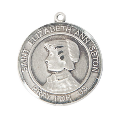 Mens .925 Sterling Silver Saint St. Elizabeth Ann Seton Medal Pendant on 24 Inch Rhodium Plated Heavy Curb Brass Chain with Lobster Claw clasp, Catholic Religious Necklace - Made in USA- Velvet Gift Box