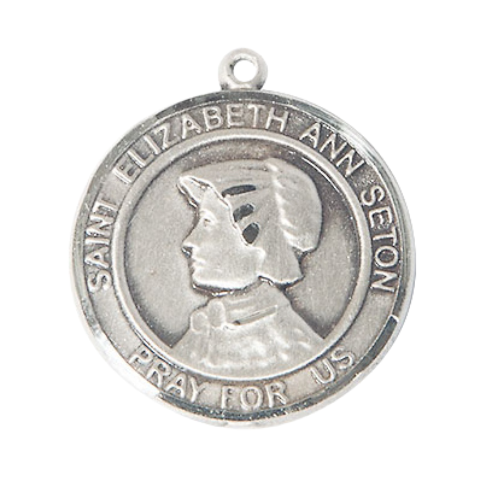 Mens Round Pewter Saint St. Elizabeth Ann Seton Medal Pendant on 24 Inch Rhodium Plated Heavy Curb Brass Chain with Lobster Claw clasp, Catholic Religious Necklace - Made in USA- Velvet Gift Box