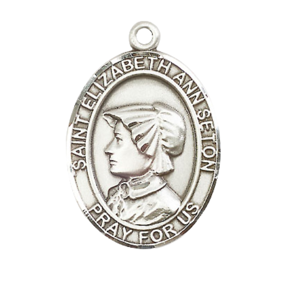 Mens Oval Pewter Saint St. Elizabeth Ann Seton Medal Pendant on 24 Inch Rhodium Plated Heavy Curb Brass Chain with Lobster Claw clasp, Catholic Religious Necklace - Made in USA- Velvet Gift Box