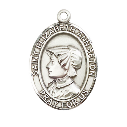 Mens Oval Pewter Saint St. Elizabeth Ann Seton Medal Pendant on 24 Inch Rhodium Plated Heavy Curb Brass Chain with Lobster Claw clasp, Catholic Religious Necklace - Made in USA- Velvet Gift Box