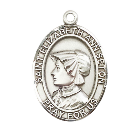 Mens .925 Sterling Silver Saint St. Elizabeth Ann Seton Medal Pendant on 24 Inch Rhodium Plated Heavy Curb Brass Chain with Lobster Claw clasp, Catholic Religious Necklace - Made in USA- Velvet Gift Box