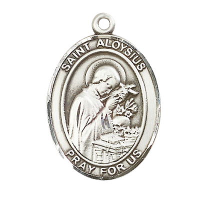 Women's .925 Sterling Silver Saint St. Aloysius Gonzaga Medal Pendant on 18 Inch Rhodium Plated Lite Curb Brass Chain w/ Lobster Claw Clasp, Catholic Religious Necklace - Made in USA- Deluxe Velvet Gift Box