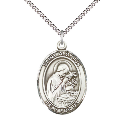 Women's Pewter Saint St. Aloysius Gonzaga Medal Pendant on 18 Inch Rhodium Plated Lite Curb Brass Chain w/Lobster Claw Clasp, Catholic Religious Necklace - Made in USA- Deluxe Velvet Gift Box
