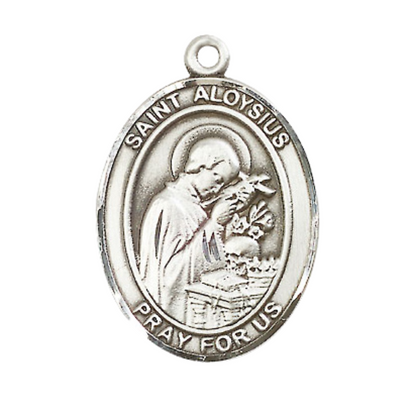 Mens Oval Pewter Saint St. Aloysius Gonzaga Medal Pendant on 24 Inch Rhodium Plated Heavy Curb Brass Chain with Lobster Claw clasp, Catholic Religious Necklace - Made in USA- Deluxe Velvet Gift Box