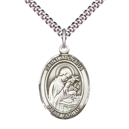 Saint St. Aloysius Gonzaga Medal Necklace – Men's .925 Sterling Silver Pendant on 24 Inch Light Rhodium Plated Heavy Curb Chain – Catholic Patron Saint St. of AIDS Patients & Teenagers – Velvet Gift Box Included