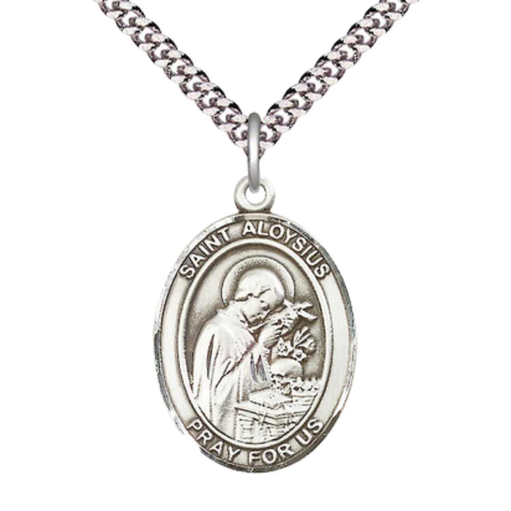 Mens Oval Pewter Saint St. Aloysius Gonzaga Medal Pendant on 24 Inch Rhodium Plated Heavy Curb Brass Chain with Lobster Claw clasp, Catholic Religious Necklace - Made in USA- Deluxe Velvet Gift Box