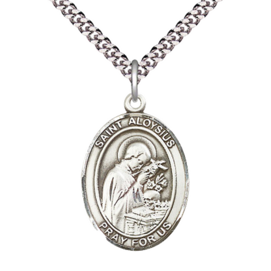 Mens Oval Pewter Saint St. Aloysius Gonzaga Medal Pendant on 24 Inch Rhodium Plated Heavy Curb Brass Chain with Lobster Claw clasp, Catholic Religious Necklace - Made in USA- Deluxe Velvet Gift Box