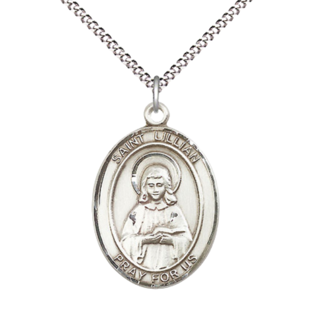 Women's Pewter Saint St. Lillian Medal Pendant on 18 Inch Rhodium Plated Lite Curb Brass Chain with Lobster Claw Clasp, Catholic Religious Necklace - Made in USA- Deluxe Velvet Gift Box