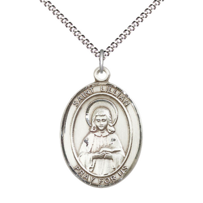 Women's Pewter Saint St. Lillian Medal Pendant on 18 Inch Rhodium Plated Lite Curb Brass Chain with Lobster Claw Clasp, Catholic Religious Necklace - Made in USA- Deluxe Velvet Gift Box