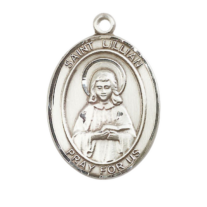 Women's Pewter Saint St. Lillian Medal Pendant on 18 Inch Rhodium Plated Lite Curb Brass Chain with Lobster Claw Clasp, Catholic Religious Necklace - Made in USA- Deluxe Velvet Gift Box