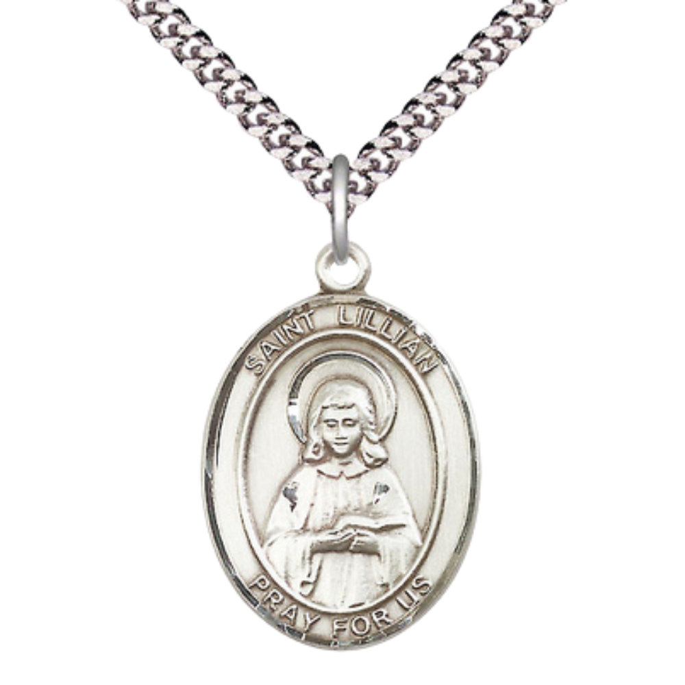 Saint Lillian Men's Medal Necklace – 24" Endless Light Rhodium Plated Heavy Curb Chain – Patron Saint of Those Named Lillian – Elegant Religious Jewelry in Velvet Gift Box