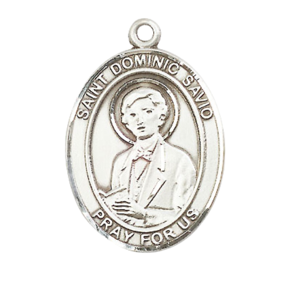 Women's Pewter Saint St. Dominic Savio Large Medal Pendant on 18 Inch Rhodium Plated Lite Curb Brass Chain with Lobster Claw Clasp, Catholic Religious Necklace - Made in USA- Deluxe Velvet Gift Box