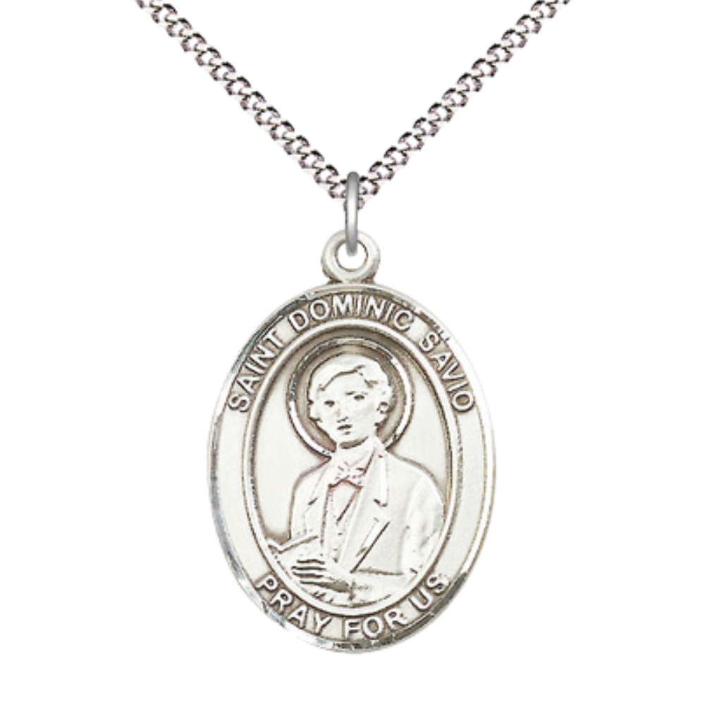 Women's .925 Sterling Silver Saint St. Dominic Savio Large Medal Pendant on 18 Inch Rhodium Plated Lite Curb Brass Chain with Lobster Claw Clasp, Catholic Religious Necklace - Made in USA- Velvet Gift Box