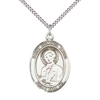 Women's Pewter Saint St. Dominic Savio Large Medal Pendant on 18 Inch Rhodium Plated Lite Curb Brass Chain with Lobster Claw Clasp, Catholic Religious Necklace - Made in USA- Deluxe Velvet Gift Box