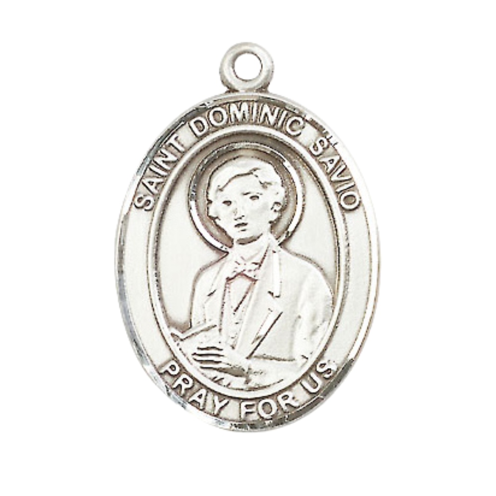 Mens 1 x 3/4" Oval Pewter Saint St. Dominic Savio Medal Pendant on 24 Inch Rhodium Plated Heavy Curb Brass Chain with Lobster Claw clasp, Catholic Religious Necklace - Made in USA- Velvet Gift Box