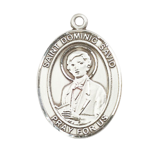 Mens .925 Sterling Silver Saint St. Dominic Savio Medal Pendant on 24 Inch Rhodium Plated Heavy Curb Brass Chain with Lobster Claw clasp, Catholic Religious Necklace - Made in USA- Velvet Gift Box