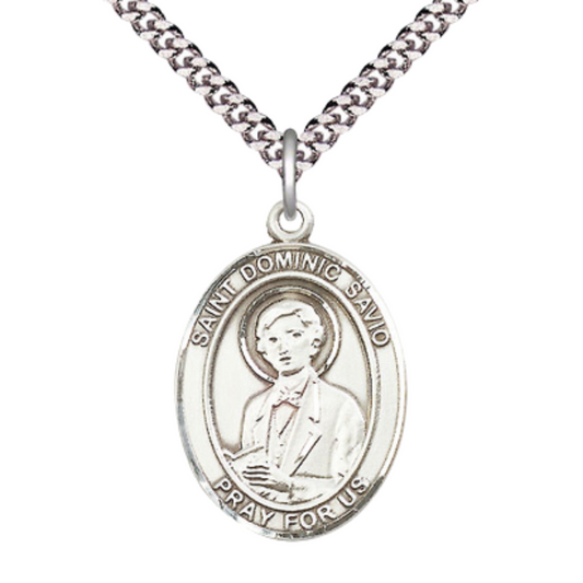Saint St. Dominic Savio Medal Necklace – Men's Pewter Pendant on 24 Inch Light Rhodium Plated plated Chain – Catholic Patron Saint St. of Juvenile Delinquents – Velvet Gift Box Included