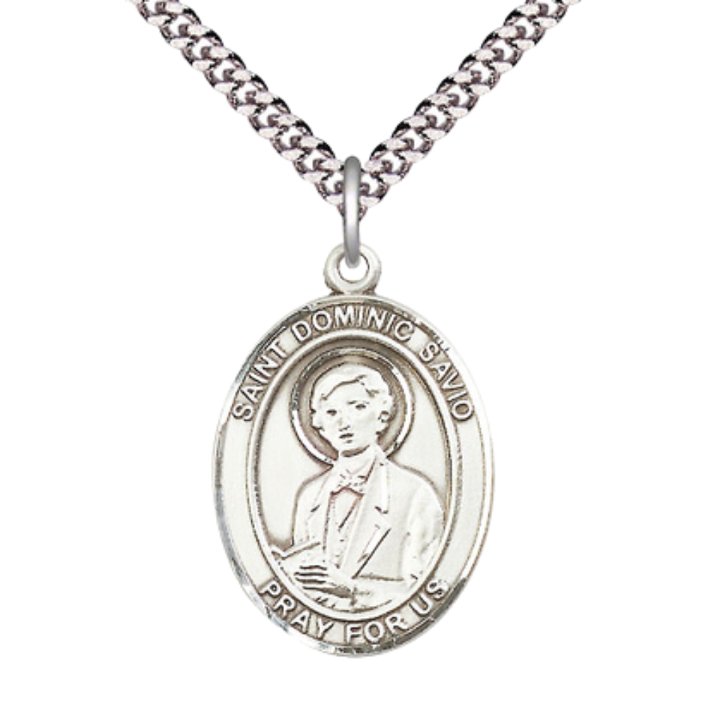 Mens 1 x 3/4" Oval Pewter Saint St. Dominic Savio Medal Pendant on 24 Inch Rhodium Plated Heavy Curb Brass Chain with Lobster Claw clasp, Catholic Religious Necklace - Made in USA- Velvet Gift Box