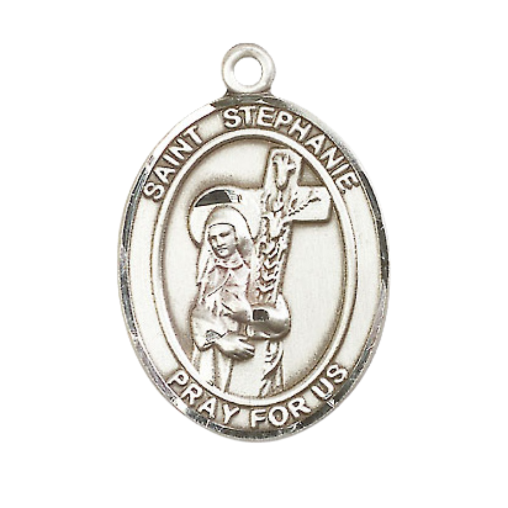 Women's .925 Sterling Silver Saint St. ephanie Medal Pendant on 18 Inch Rhodium Plated Lite Curb Brass Chain with Lobster Claw Clasp, Catholic Religious Necklace - Made in USA- Deluxe Velvet Gift Box