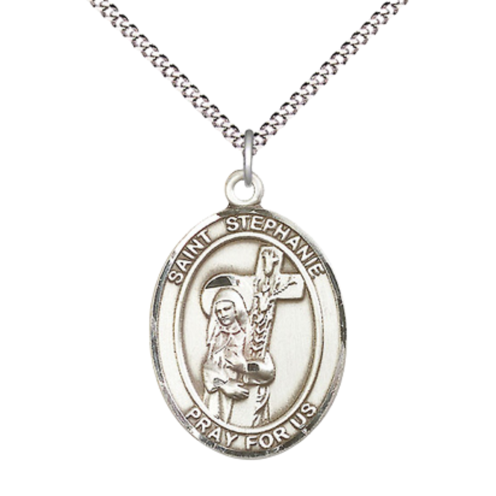 Women's .925 Sterling Silver Saint St. ephanie Medal Pendant on 18 Inch Rhodium Plated Lite Curb Brass Chain with Lobster Claw Clasp, Catholic Religious Necklace - Made in USA- Deluxe Velvet Gift Box