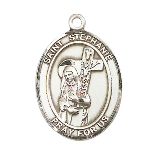 Mens Oval .925 Sterling Silver Saint St. ephanie Medal Pendant on 24 Inch Rhodium Plated Heavy Curb Brass Chain with Lobster Claw clasp, Catholic Religious Necklace - Made in USA- Velvet Gift Box