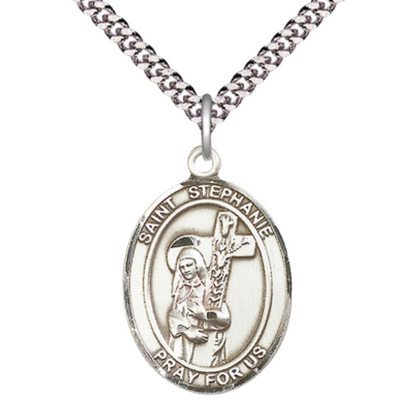 Saint St. ephanie Men's Medal Necklace – 24 Inch Endless Light Rhodium Plated Heavy Curb Chain – Elegant Catholic Religious Jewelry in Velvet Gift Box