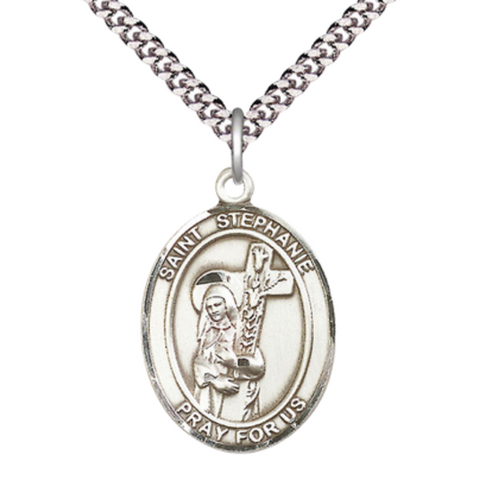 Mens 1 x 3/4" Oval Pewter Saint St. ephanie Medal Pendant on 24 Inch Rhodium Plated Heavy Curb Brass Chain with Lobster Claw clasp, Catholic Religious Necklace - Made in USA - Deluxe Velvet Gift Box