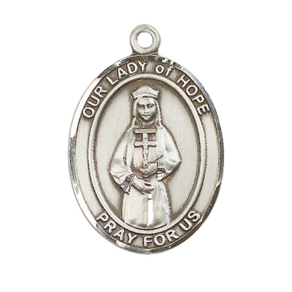 Women's Pewter Our Lady of Hope Medal Pendant on 18 Inch Rhodium Plated Lite Curb Brass Chain with Lobster Claw Clasp, Catholic Religious Necklace - Made in USA- Deluxe Velvet Gift Box