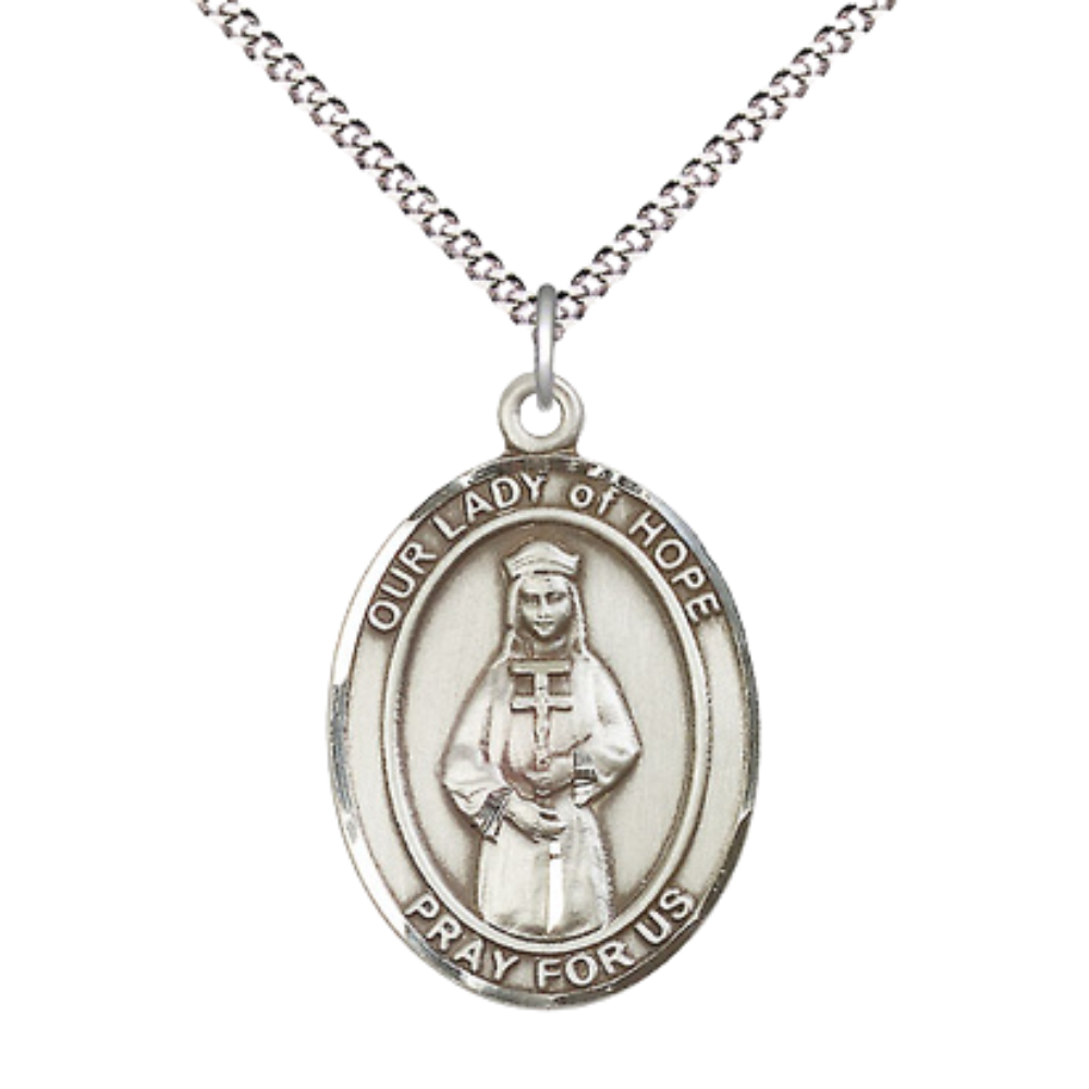 Women's Pewter Our Lady of Hope Medal Pendant on 18 Inch Rhodium Plated Lite Curb Brass Chain with Lobster Claw Clasp, Catholic Religious Necklace - Made in USA- Deluxe Velvet Gift Box
