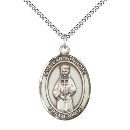 Women's Pewter Our Lady of Hope Medal Pendant on 18 Inch Rhodium Plated Lite Curb Brass Chain with Lobster Claw Clasp, Catholic Religious Necklace - Made in USA- Deluxe Velvet Gift Box