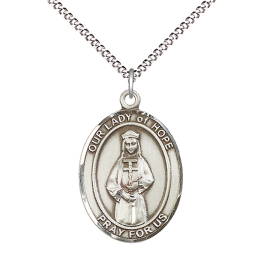 Women's Pewter Our Lady of Hope Medal Pendant on 18 Inch Rhodium Plated Lite Curb Brass Chain with Lobster Claw Clasp, Catholic Religious Necklace - Made in USA- Deluxe Velvet Gift Box