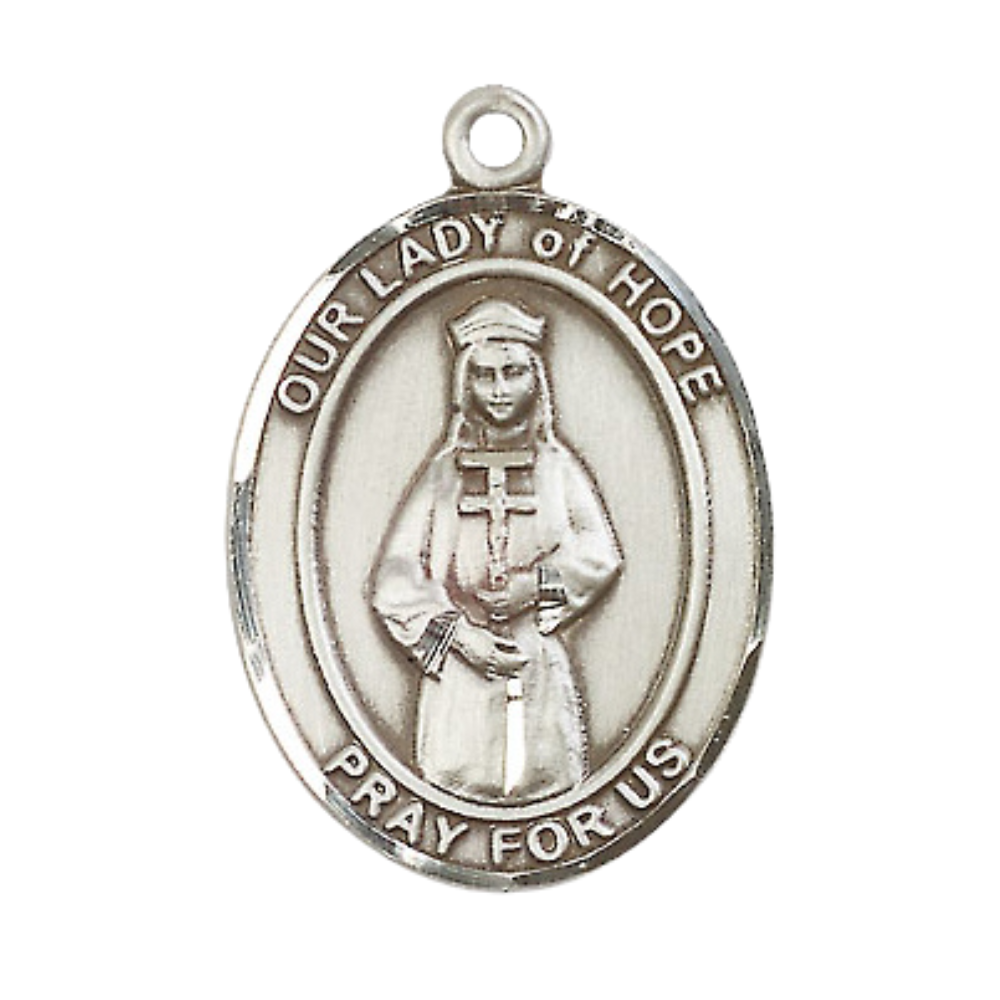 Mens .925 Sterling Silver Our Lady of Hope Medal Pendant on 24 Inch Rhodium Plated Heavy Curb Brass Chain with Lobster Claw clasp, Catholic Religious Necklace - Made in USA- Velvet Gift Box