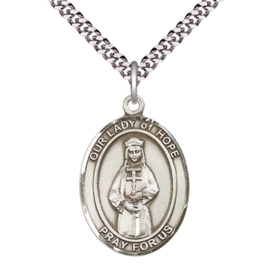 Mens 1 x 3/4" Oval Pewter Our Lady of Hope Medal Pendant on 24 Inch Rhodium Plated Heavy Curb Brass Chain with Lobster Claw clasp, Catholic Religious Necklace - Made in USA- Velvet Gift Box