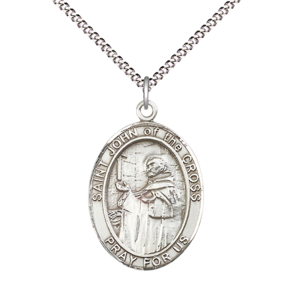 Everlasting Light Jewelry Women's Pewter Patron Saint St. John of the Cross Medal Pendant with 18 Inch Rhodium Plated Lite Curb Brass Chain Catholic Religious Necklace - Made in USA, Deluxe Velvet Gift Box