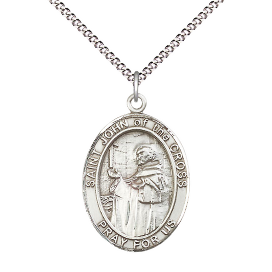 Everlasting Light Jewelry Women's Pewter Patron Saint St. John of the Cross Medal Pendant with 18 Inch Rhodium Plated Lite Curb Brass Chain Catholic Religious Necklace - Made in USA, Deluxe Velvet Gift Box