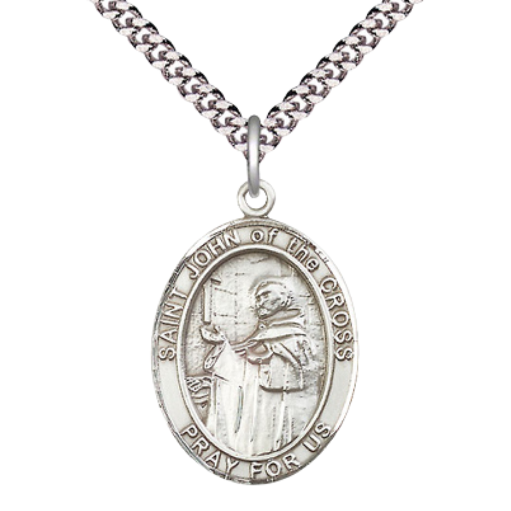 Mens Oval Pewter Saint John of the Cross Medal Pendant on 24" Rhodium Plated Heavy Curb Brass Chain with Lobster Claw clasp , Catholic Religious Necklace -Made in USA - Deluxe Velvet Gift Box