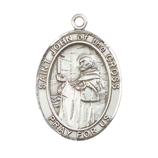 Mens .925 Sterling Silver Saint St. John of the Cross Medal Pendant on 24 Inch Rhodium Plated Heavy Curb Brass Chain with Lobster Claw clasp, Catholic Religious Necklace - Made in USA- Velvet Gift Box
