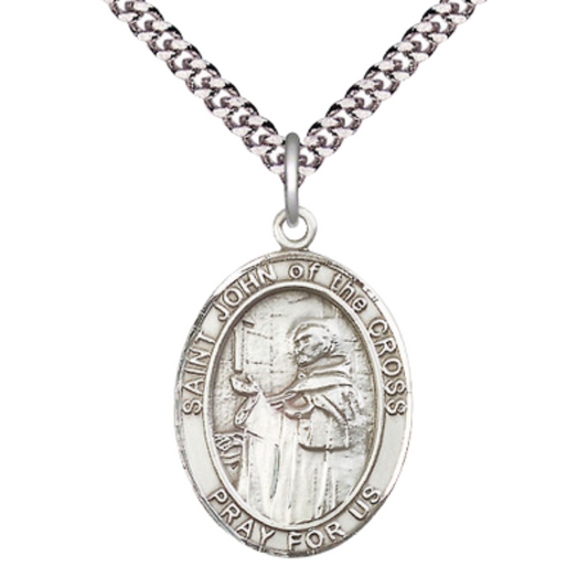 Saint St. John of the Cross Medal Necklace – 24 Inch Endless Light Rhodium Plated plated Chain – Patron Saint St. of Contemplatives – Elegant Catholic Religious Jewelry in Velvet Gift Box