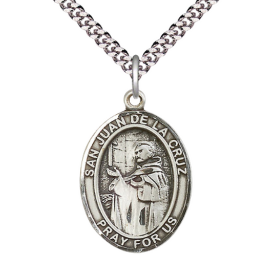 Mens .925 Sterling Silver Saint St. Juan de la Cruz Medal Pendant on 24 Inch Rhodium Plated Heavy Curb Brass Chain with Lobster Claw clasp, Catholic Religious Necklace - Made in USA- Velvet Gift Box