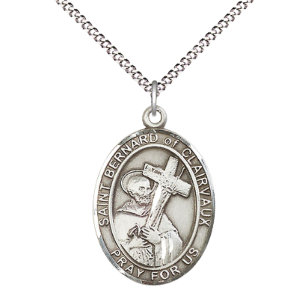 Women's Pewter Saint St. Bernard of Clairvaux Medal Pendant on 18 Inch Rhodium Plated Lite Curb Brass Chain with Lobster Claw Clasp, Catholic Religious Necklace - Made in USA- Deluxe Velvet Gift Box