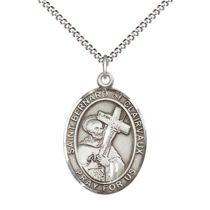 Women's Pewter Saint St. Bernard of Clairvaux Medal Pendant on 18 Inch Rhodium Plated Lite Curb Brass Chain with Lobster Claw Clasp, Catholic Religious Necklace - Made in USA- Deluxe Velvet Gift Box