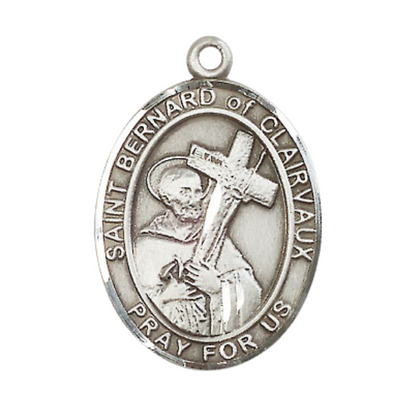 .925 Sterling Silver Saint St. Bernard of Clairvaux Medal Pendant on 24 Inch Endless Rhodium Plated Heavy Curb Brass Chain, Catholic Religious Necklace - Made in USA- Prayer Card Included