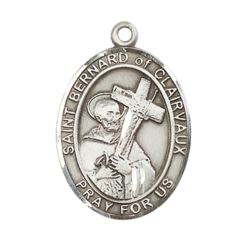 Saint St. Bernard of Clairvaux Men's Medal Necklace – 24 Inch Endless Light Rhodium Plated Heavy Curb Chain – Patron Saint St. of Beekeepers & Candlemakers – Elegant Catholic Religious Jewelry in Velvet Gift Box