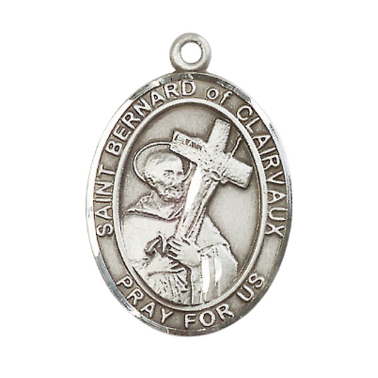 Mens Sterling Silver Saint Bernard of Clairvaux Medal Pendant on 24" Rhodium Plated Heavy Curb Brass Chain w/ Lobster Claw clasp, Catholic Religious Necklace -Made in USA- Velvet Gift Box