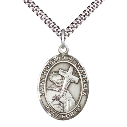 Mens Oval Pewter Saint Bernard of Clairvaux Medal Pendant on 24" Rhodium Plated Heavy Curb Brass Chain with Lobster Claw clasp, Catholic Religious Necklace -Made in USA- Velvet Gift Box
