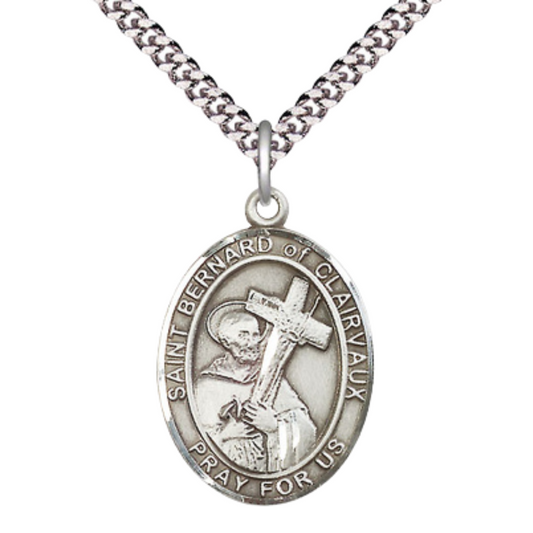 Mens Oval Pewter Saint Bernard of Clairvaux Medal Pendant on 24" Rhodium Plated Heavy Curb Brass Chain with Lobster Claw clasp, Catholic Religious Necklace -Made in USA- Velvet Gift Box