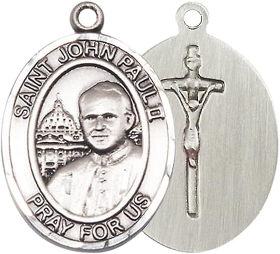 Women's Pewter Saint St. John Paul II Large Medal Pendant on 18 Inch Rhodium Plated Lite Curb Brass Chain with Lobster Claw Clasp, Catholic Religious Necklace - Made in USA- Deluxe Velvet Gift Box