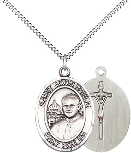 Women's Pewter Saint St. John Paul II Large Medal Pendant on 18 Inch Rhodium Plated Lite Curb Brass Chain with Lobster Claw Clasp, Catholic Religious Necklace - Made in USA- Deluxe Velvet Gift Box